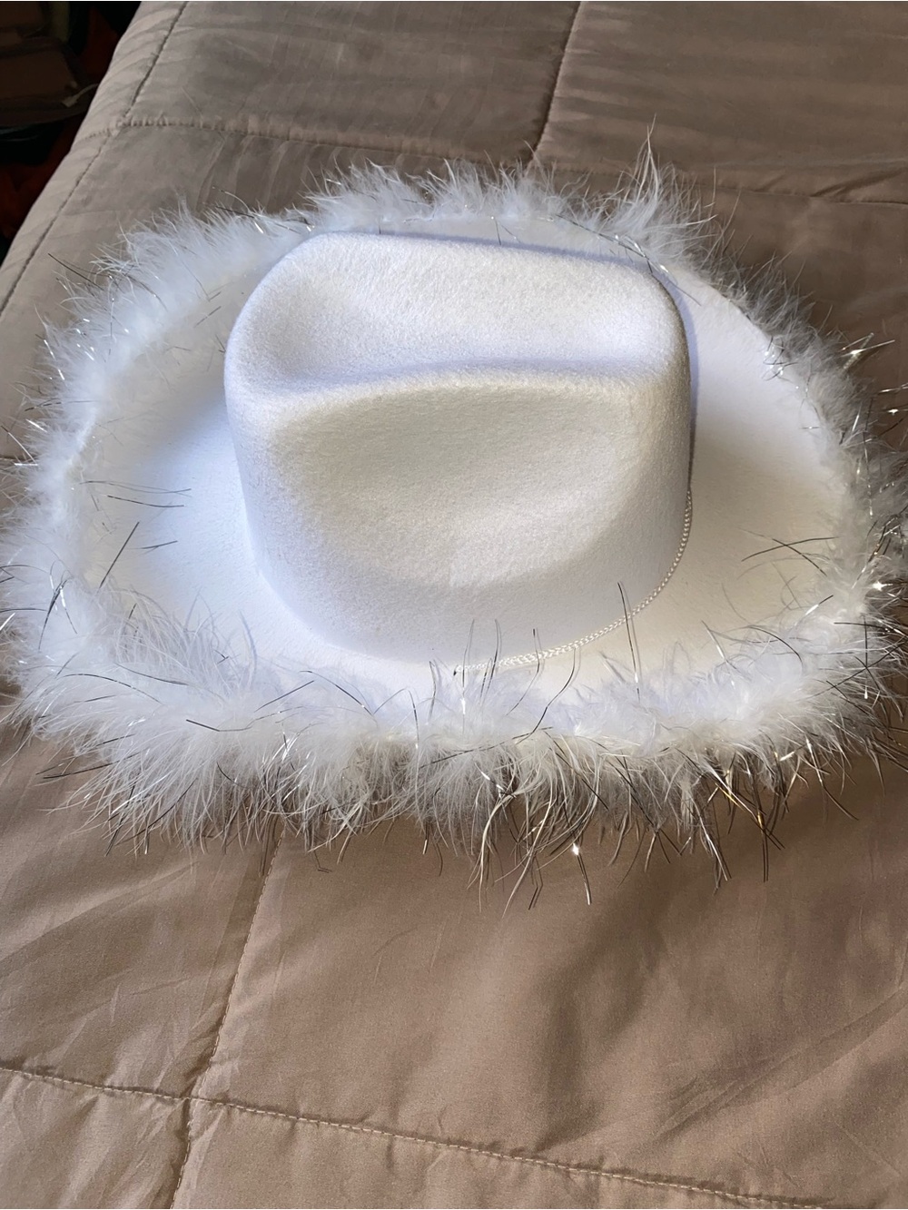 White Feather Trim Cowboy Hat - Women Accessories - Picture 3 of 4
